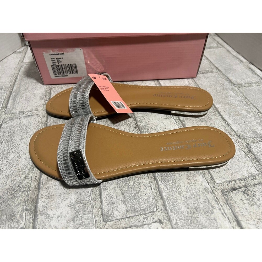 Juicy Couture Slides Women Zippie Silver Jeweled Sandal Flats sz 8